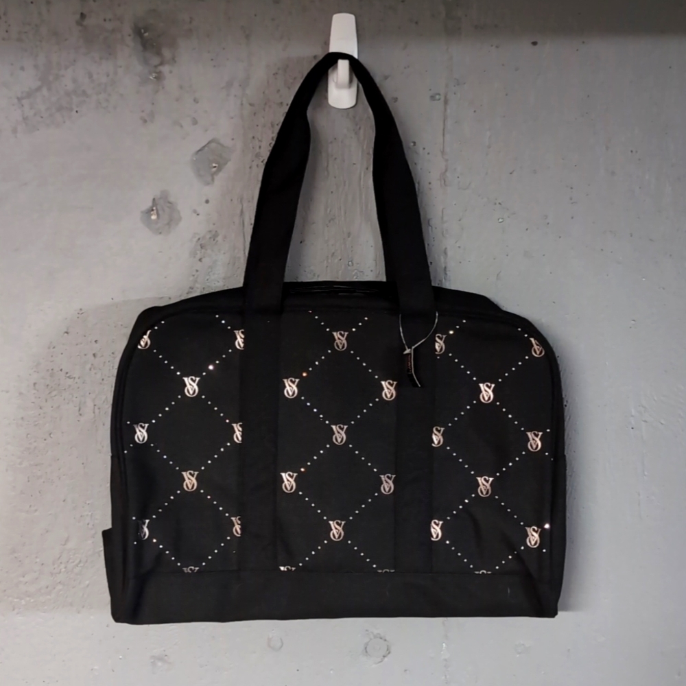 Victoria's Secret VS Logo Large Weekender Black Quilted Tote Zip Duffle Bag New